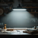 A photograph of a well-lit workspace featuring a sleek