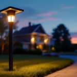 A photograph of a beautifully illuminated solar driveway light post at dusk