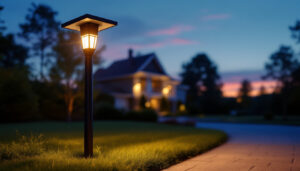 A photograph of a beautifully illuminated solar driveway light post at dusk