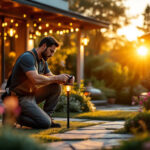 A photograph of a lighting contractor installing outdoor solar lights in a beautifully landscaped garden during the golden hour