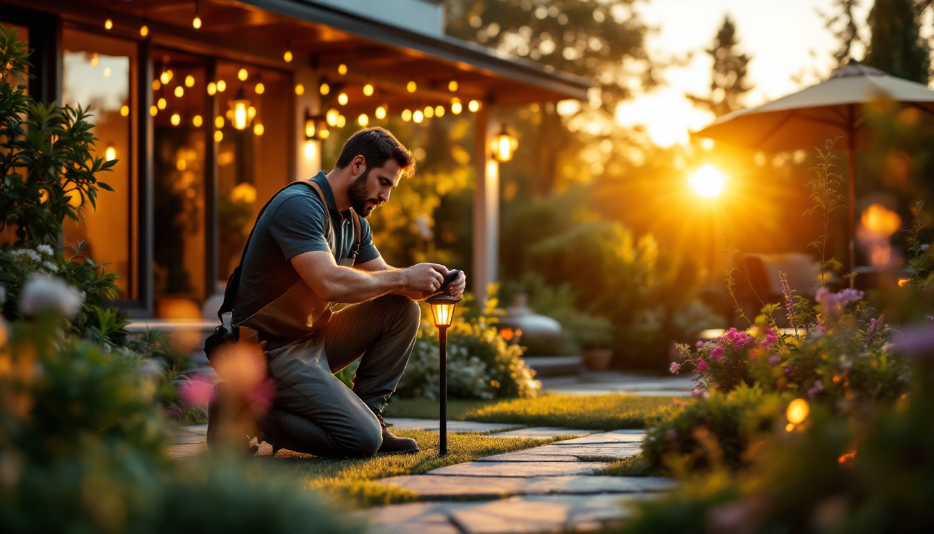 A photograph of a lighting contractor installing outdoor solar lights in a beautifully landscaped garden during the golden hour