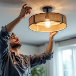 A photograph of a skilled lighting contractor installing a stylish ceiling light fixture in a modern home setting