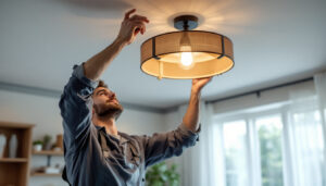 A photograph of a skilled lighting contractor installing a stylish ceiling light fixture in a modern home setting