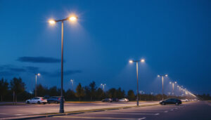 A photograph of a well-lit parking lot showcasing a row of modern light poles in action during dusk