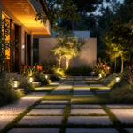 A photograph of a well-lit outdoor space showcasing a solar flood light illuminating a pathway or garden area at dusk