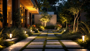 A photograph of a well-lit outdoor space showcasing a solar flood light illuminating a pathway or garden area at dusk