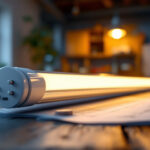 A photograph of a t12 fluorescent tube in a well-lit workspace