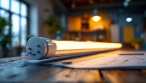 A photograph of a t12 fluorescent tube in a well-lit workspace