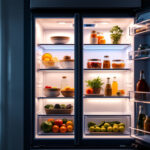 A photograph of a well-lit refrigerator interior showcasing various types of energy-efficient lighting options