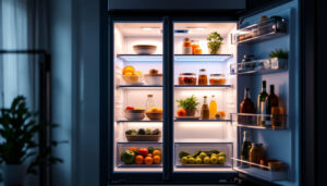 A photograph of a well-lit refrigerator interior showcasing various types of energy-efficient lighting options