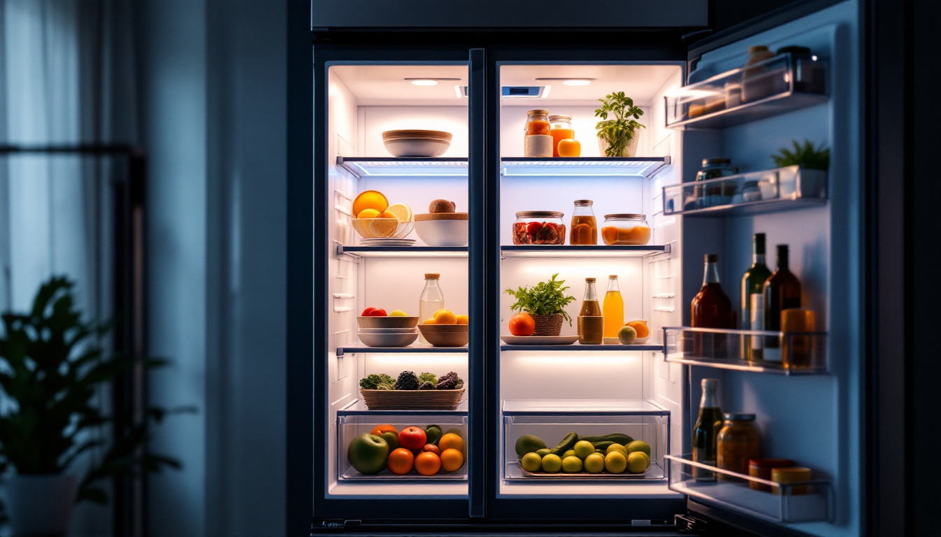 A photograph of a well-lit refrigerator interior showcasing various types of energy-efficient lighting options