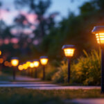 A photograph of a vibrant outdoor scene at dusk