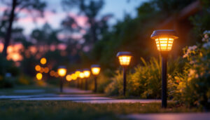A photograph of a vibrant outdoor scene at dusk