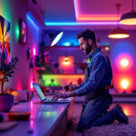 A photograph of a smart lighting contractor working on an innovative led lighting installation in a modern home