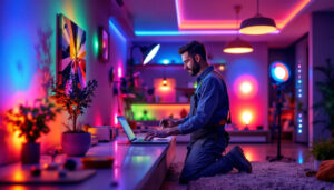 A photograph of a smart lighting contractor working on an innovative led lighting installation in a modern home