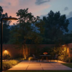 A photograph of a well-lit outdoor space showcasing a variety of innovative solar lighting installations in use