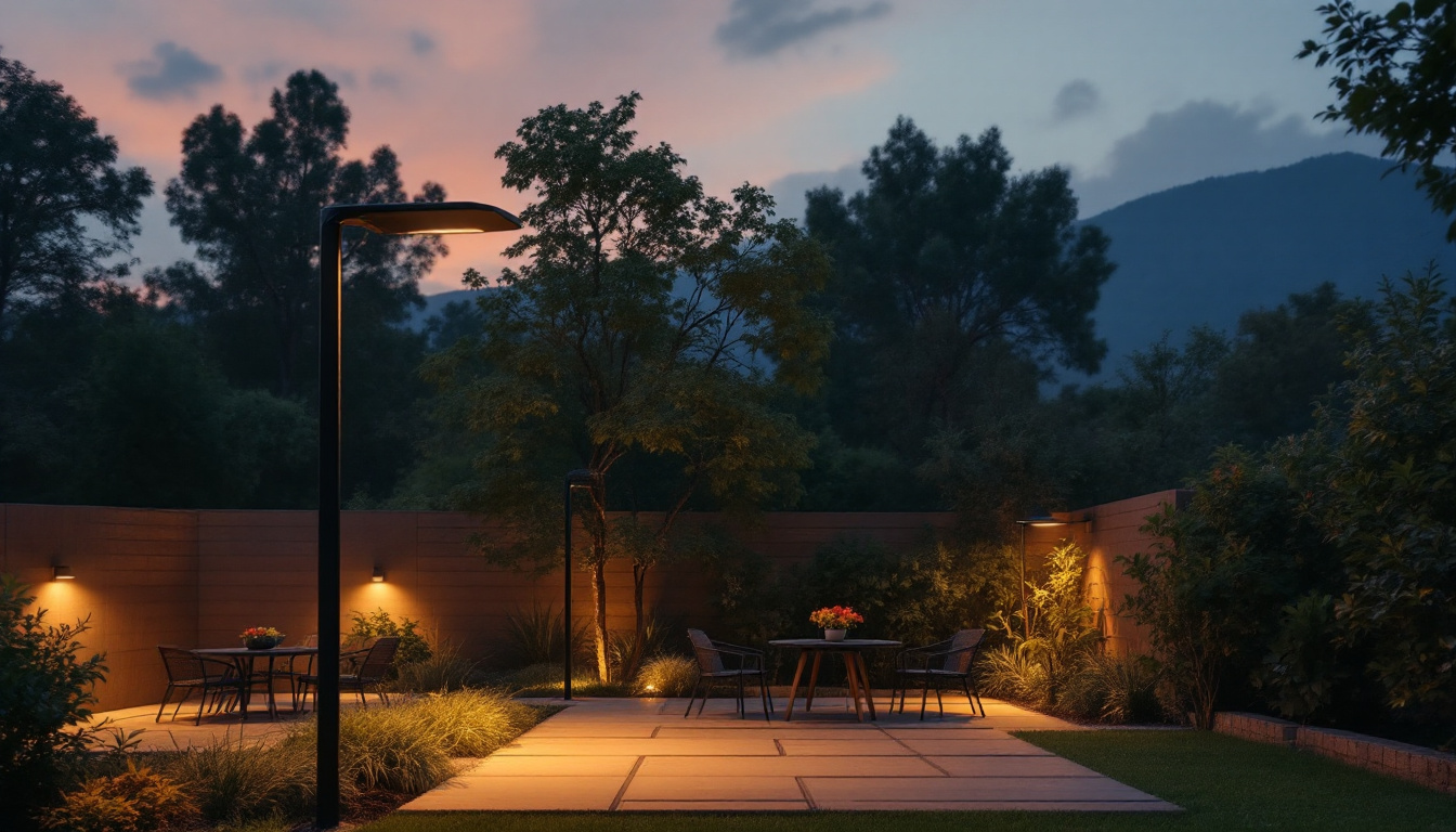 A photograph of a well-lit outdoor space showcasing a variety of innovative solar lighting installations in use