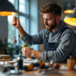 A photograph of a skilled lighting contractor installing or adjusting various types of lighting fixtures in a well-lit room