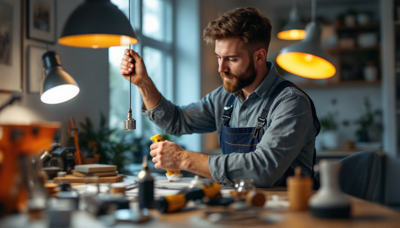 A photograph of a skilled lighting contractor installing or adjusting various types of lighting fixtures in a well-lit room