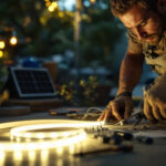 A photograph of capture a photograph of a lighting contractor installing solar led tape lighting in an outdoor setting