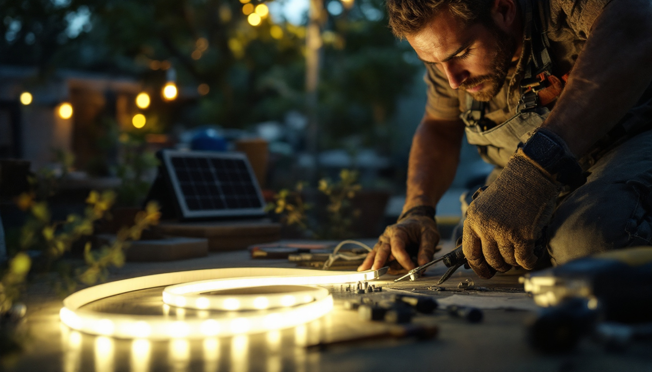 A photograph of capture a photograph of a lighting contractor installing solar led tape lighting in an outdoor setting