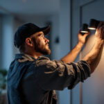 A photograph of a skilled lighting contractor expertly installing or showcasing innovative canned lighting in a modern residential or commercial space