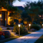 A photograph of a beautifully lit outdoor space featuring solar-powered lights in use during twilight