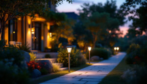 A photograph of a beautifully lit outdoor space featuring solar-powered lights in use during twilight