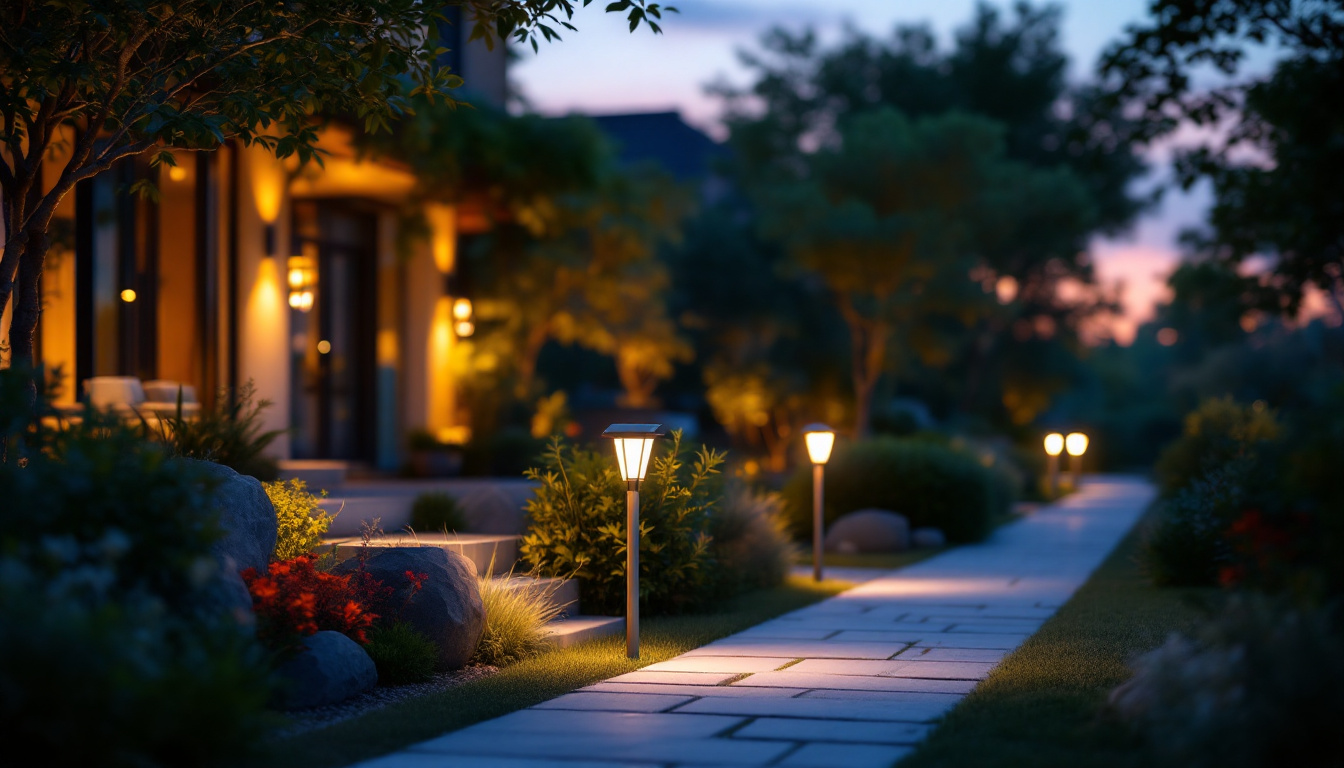 A photograph of a beautifully lit outdoor space featuring solar-powered lights in use during twilight