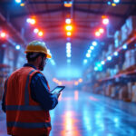 A photograph of a well-lit warehouse interior showcasing led lighting installations