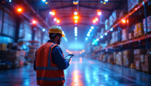 A photograph of a well-lit warehouse interior showcasing led lighting installations