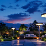 A photograph of a beautifully illuminated outdoor space showcasing large solar lights in action during twilight