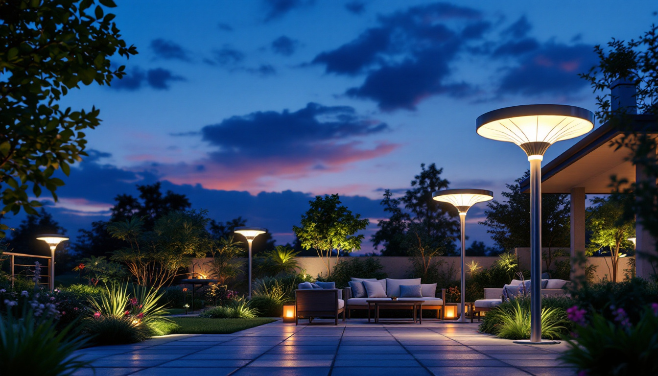 A photograph of a beautifully illuminated outdoor space showcasing large solar lights in action during twilight