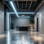 A photograph of a well-lit interior space showcasing linear led lights installed in various configurations
