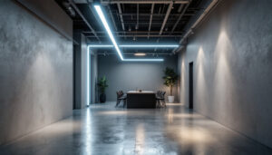 A photograph of a well-lit interior space showcasing linear led lights installed in various configurations