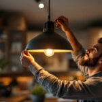 A photograph of a skilled lighting contractor expertly installing or adjusting a stylish pendant light in a modern home setting