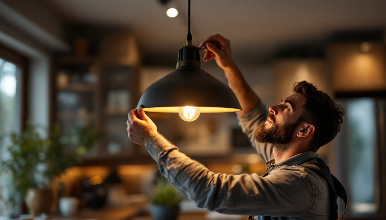 A photograph of a skilled lighting contractor expertly installing or adjusting a stylish pendant light in a modern home setting