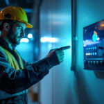 A photograph of a lighting contractor working on a project with a focus on a dc switch in action