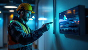 A photograph of a lighting contractor working on a project with a focus on a dc switch in action