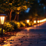 A photograph of a beautifully illuminated pathway lined with solar led lights at dusk