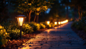 A photograph of a beautifully illuminated pathway lined with solar led lights at dusk