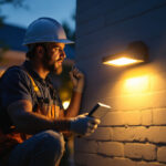 A photograph of a lighting contractor installing a flood light led solar fixture in a residential or commercial outdoor setting