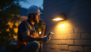 A photograph of a lighting contractor installing a flood light led solar fixture in a residential or commercial outdoor setting