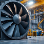 A photograph of a large industrial fan in operation within a manufacturing facility
