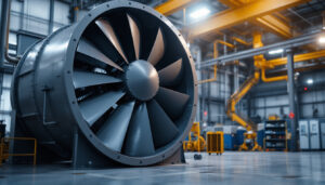 A photograph of a large industrial fan in operation within a manufacturing facility