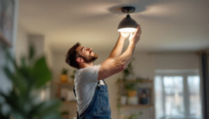 A photograph of a skilled lighting contractor installing sleek