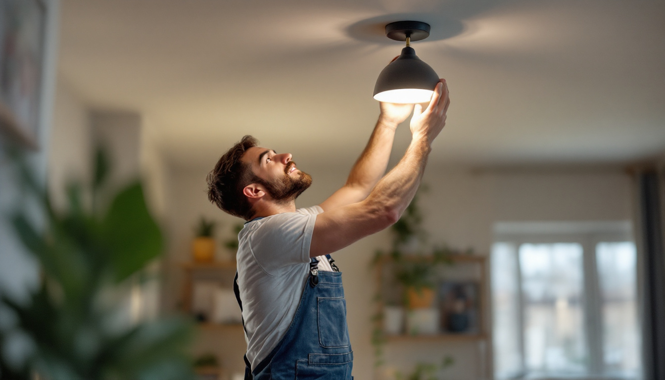 A photograph of a skilled lighting contractor installing sleek
