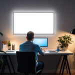 A photograph of a modern workspace illuminated by a 2x4 led flat panel light