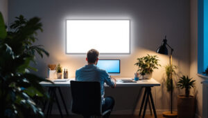 A photograph of a modern workspace illuminated by a 2x4 led flat panel light