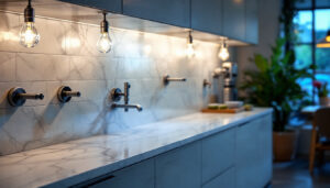 A photograph of a well-designed cooler illuminated by stylish and functional lighting fixtures